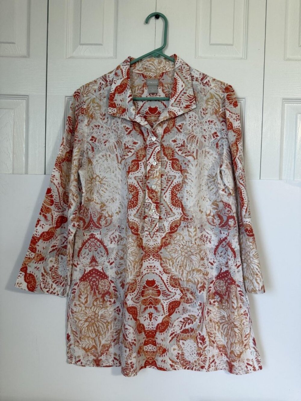 Chico's Top Womens 8/10 Multicolor Floral 3/4 Sleeve Button Tunic Blouse